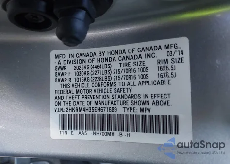 2014 Honda Cr-V Lx from USA, damaged, VIN 2HKRM4H35EH671689